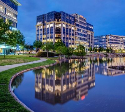 Hall Park office park in the evening.